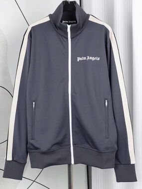Palm Angels Men's Charcoal Zip-Up Track Jacket with White Stripe